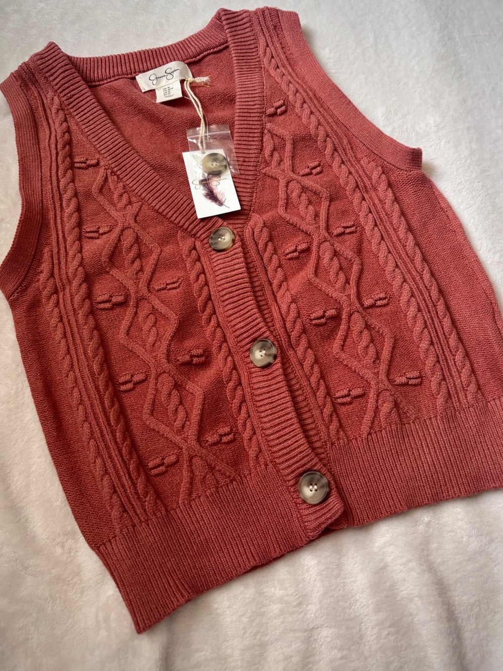 Jessica Simpson NWT Rust Cable Knit Button Front Sweater Vest Medium Boho Prep
